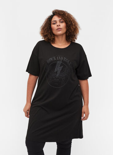 T-shirt dress in cotton with print details, Black w. Black, Model image number 0