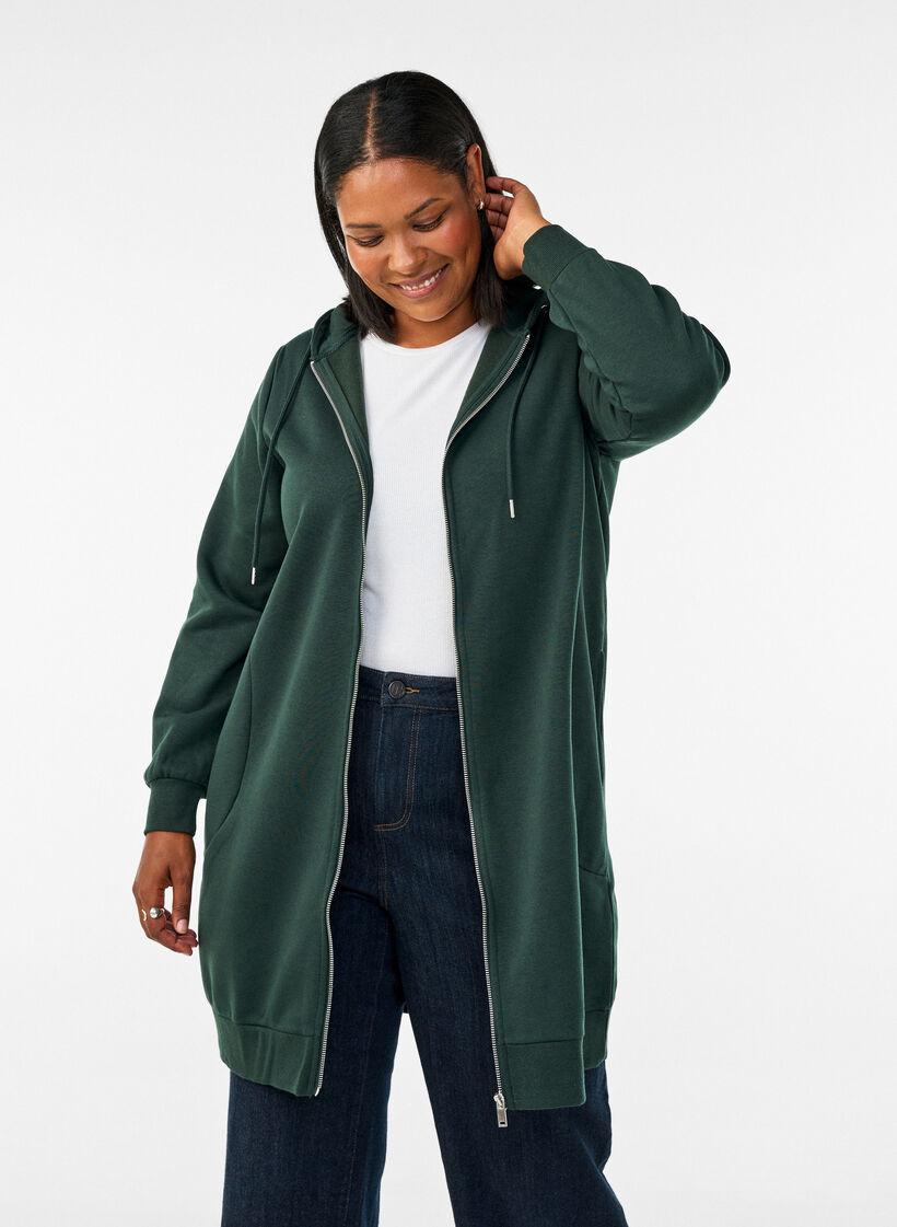 Long hoodie with zip and pockets, Green, Model image number 0