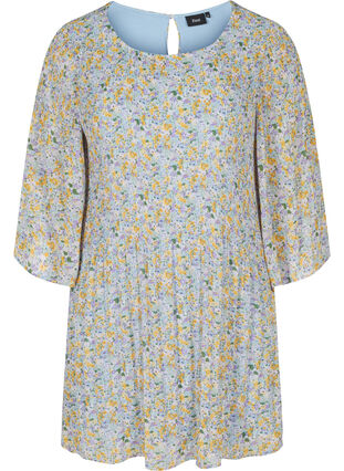 Pleated tunic with floral print and 3/4 sleeves, Purple Yellow AOP, Packshot image number 0