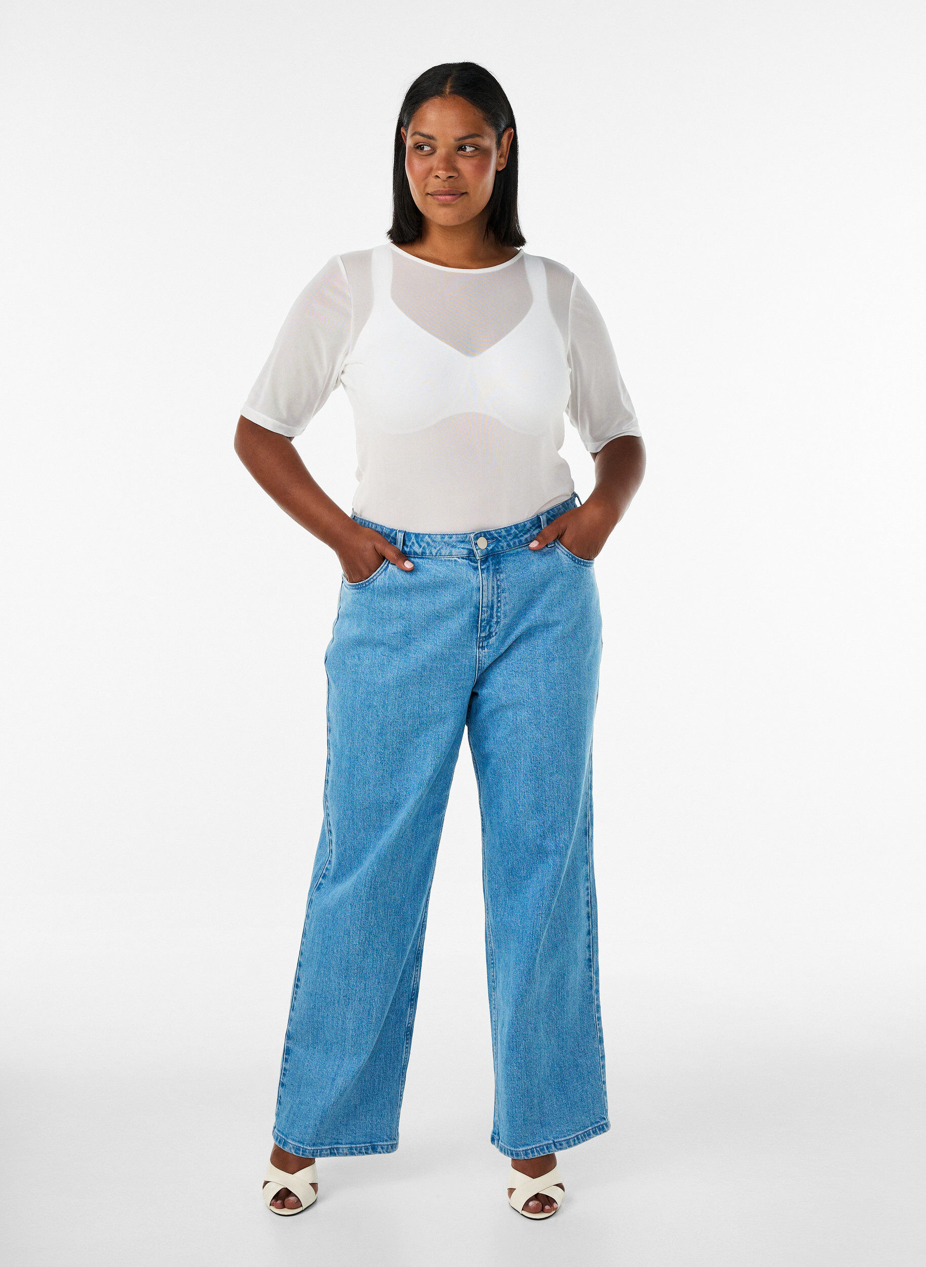 Zizzifashion Mesh top with short sleeves and round neck, Vanilla, Model image number 1