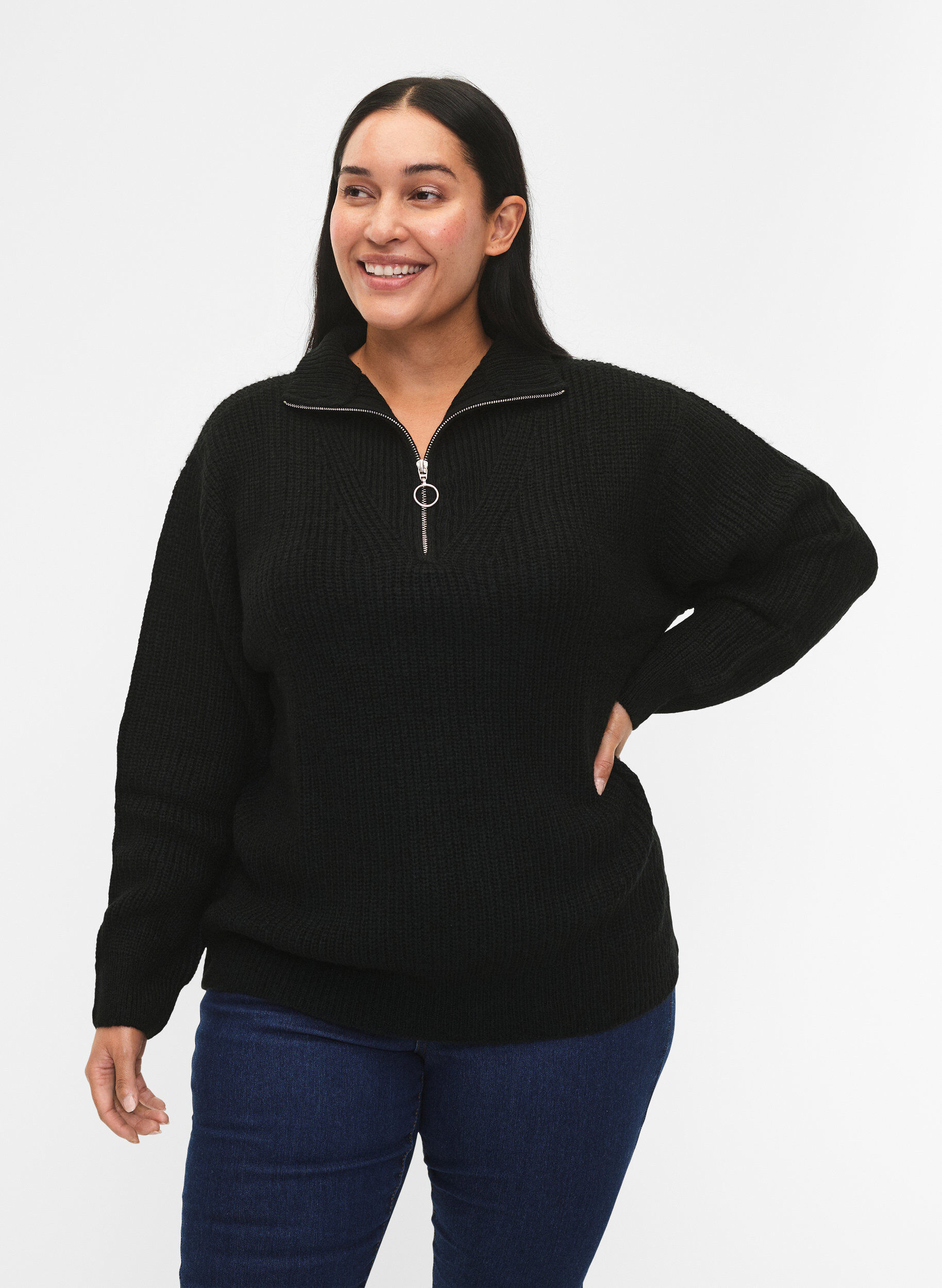 Knitted sweater with high neck and zipper, Black, Model
