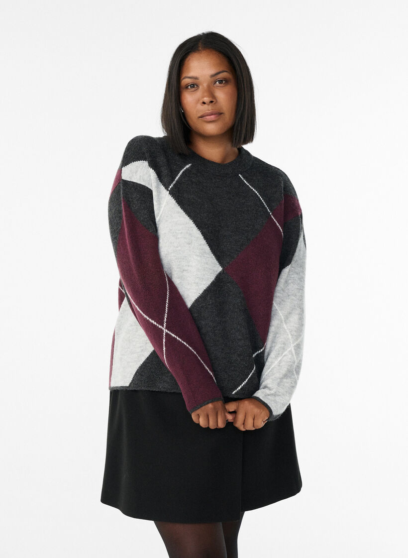 Jumper with large checks and contrast sleeves, Dark Grey, Model image number 0