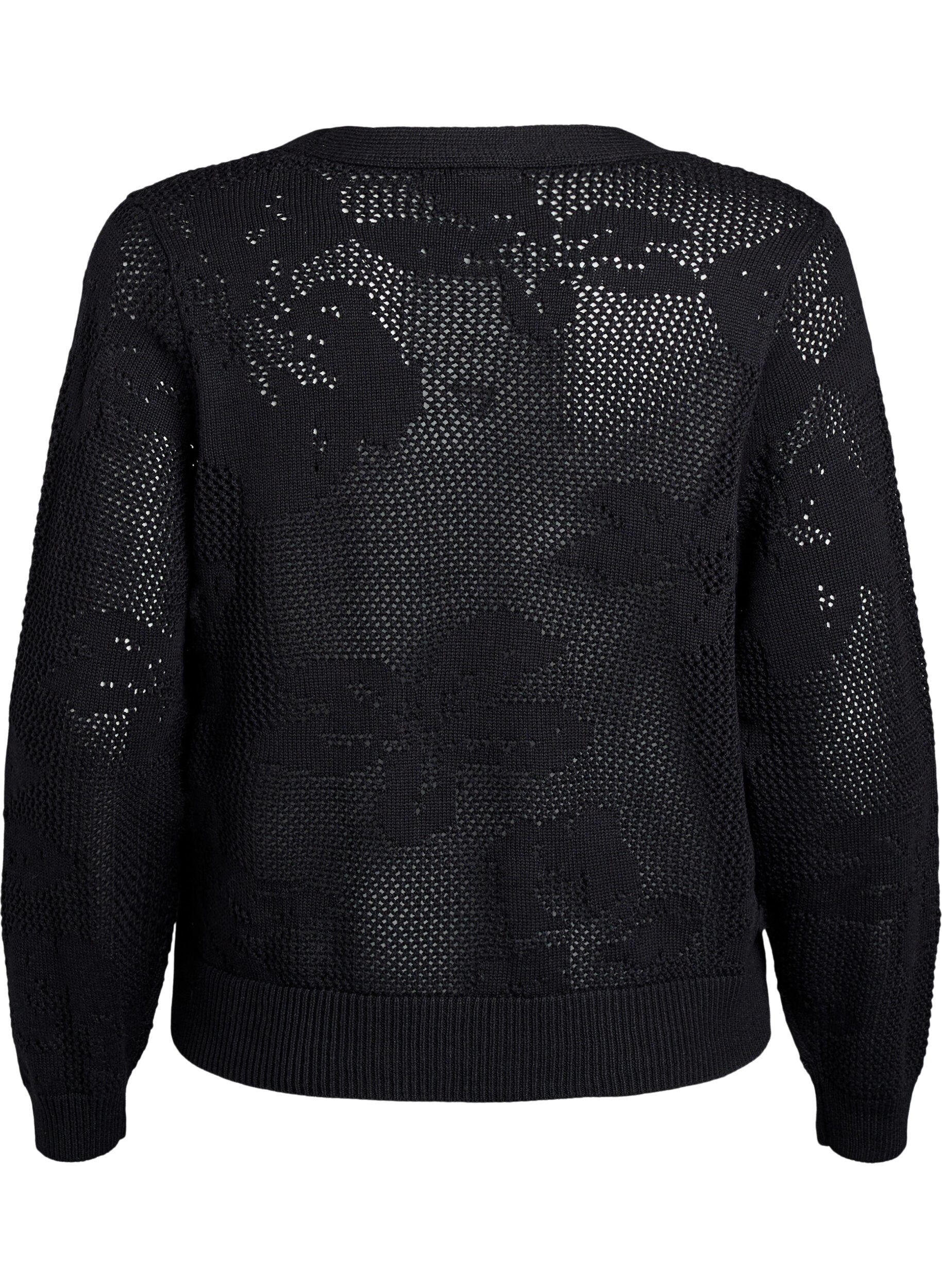 Zizzifashion Knitted cardigan with openwork pattern and tie strings, Black, Packshot image number 1