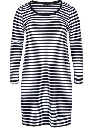 Striped cotton dress with long sleeves , Black w. White Thin, Packshot image number 0