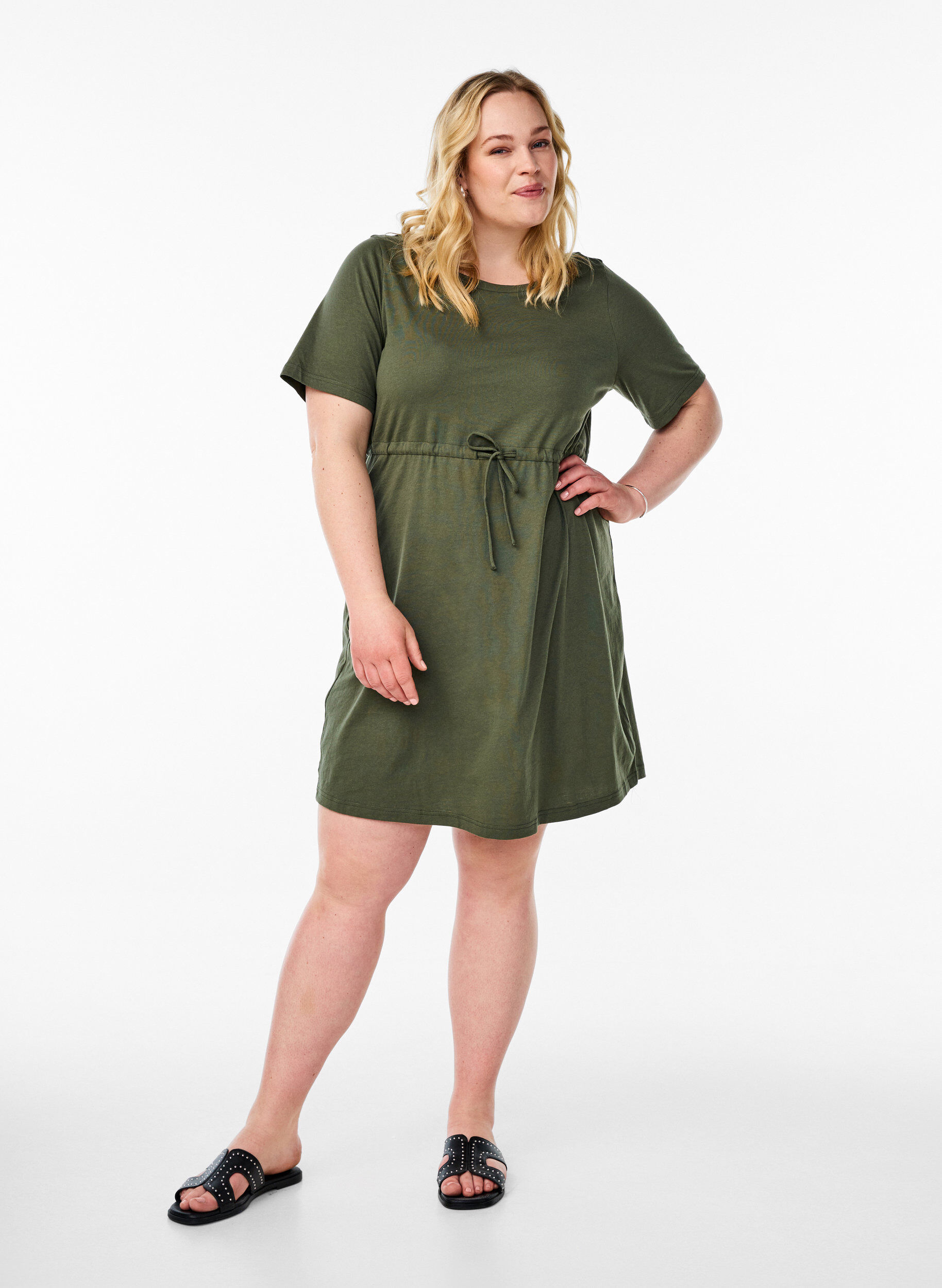 Zizzifashion FLASH - Short T-shirt dress with tie belt, Green, Model image number 1