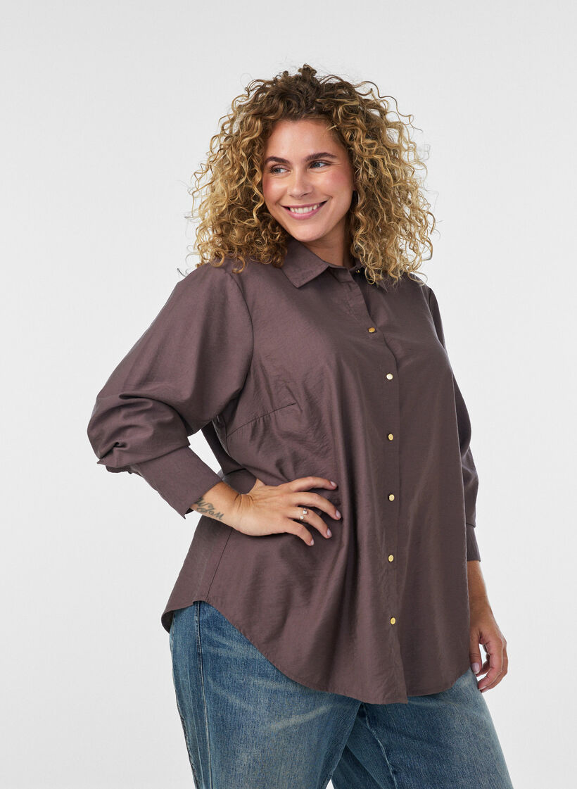 Viscose shirt with golden buttons, Brown, Model image number 0