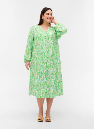 Printed viscose midi dress with long sleeves, Green Paisley AOP, Model image number 0