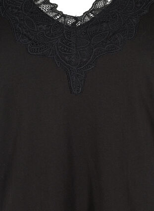 Cotton t-shirt with v-neck and lace, Black, Packshot image number 2