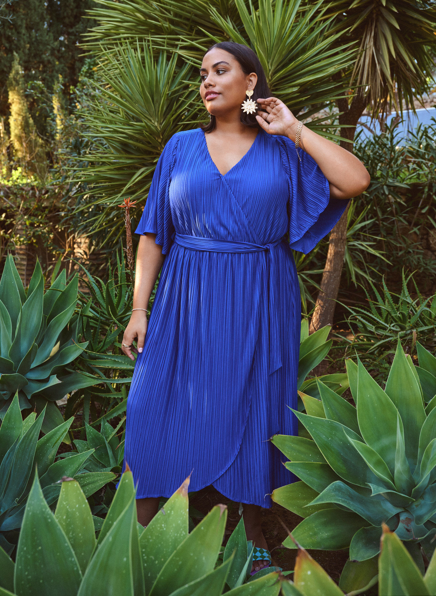 ZizzifashionPleated midi dress with batwing sleeves, Blue, Image image number 0