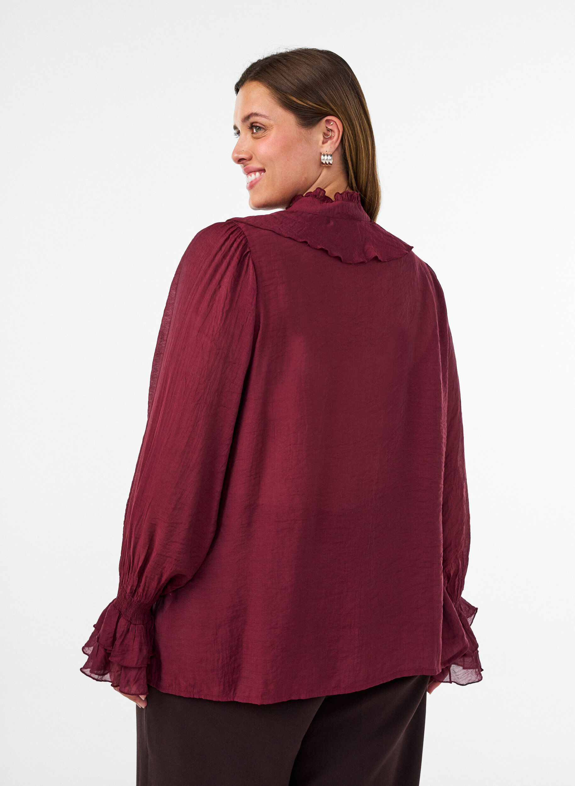 ZizzifashionViscose blouse with ruffles and long sleeves, Red, Model image number 2
