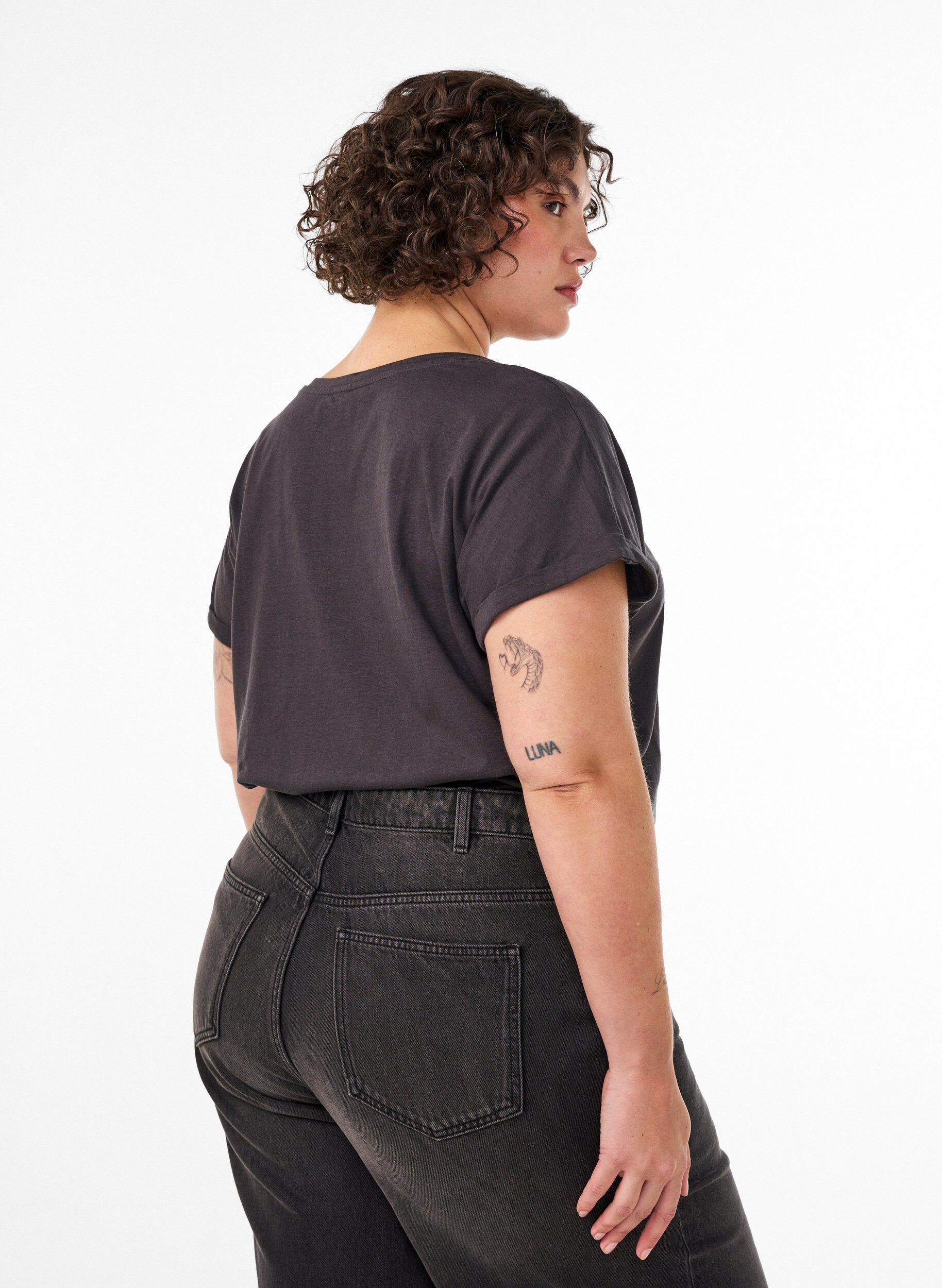 ZizzifashionCotton T-shirt with gold foil print, Dark Grey, Model image number 2