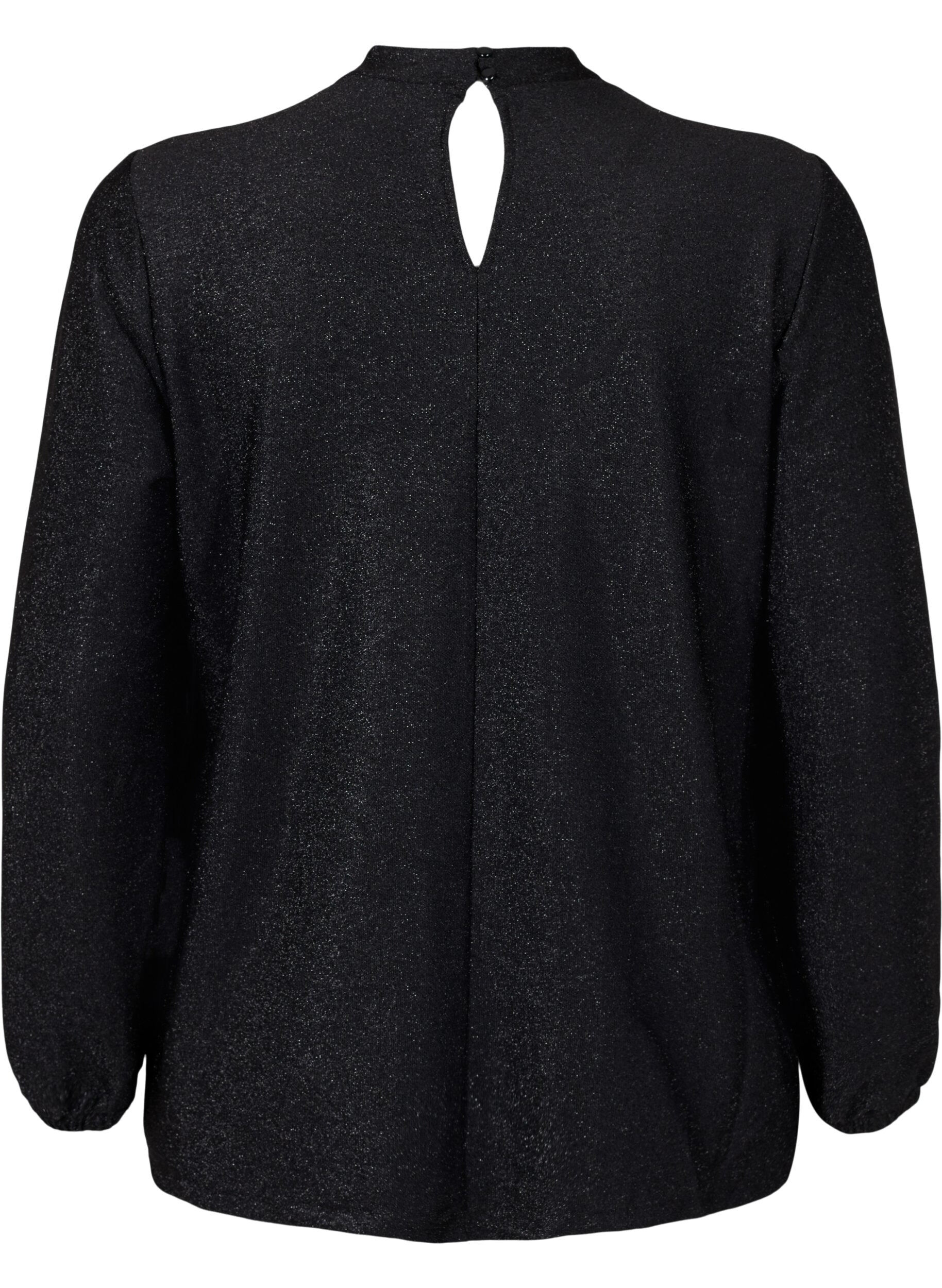 Zizzifashion Long-sleeved glitter blouse with round neck and V-detail, Black Black, Packshot image number 1