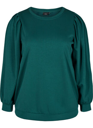 Sweat blouse with rounded neckline and balloon sleeves, Ponderosa Pine, Packshot image number 0