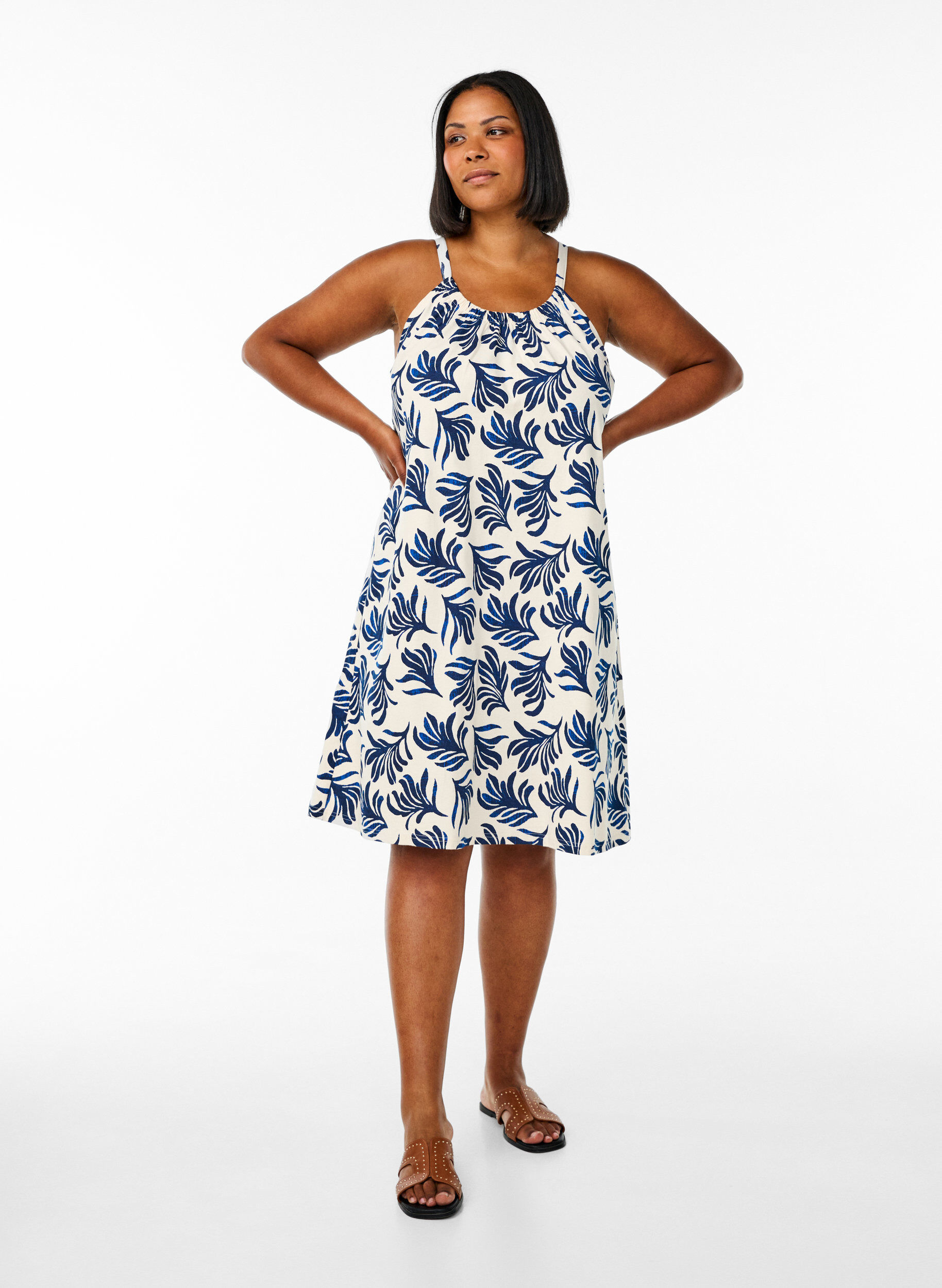 ZizzifashionKnee-length strap dress in organic cotton, White, Model image number 1