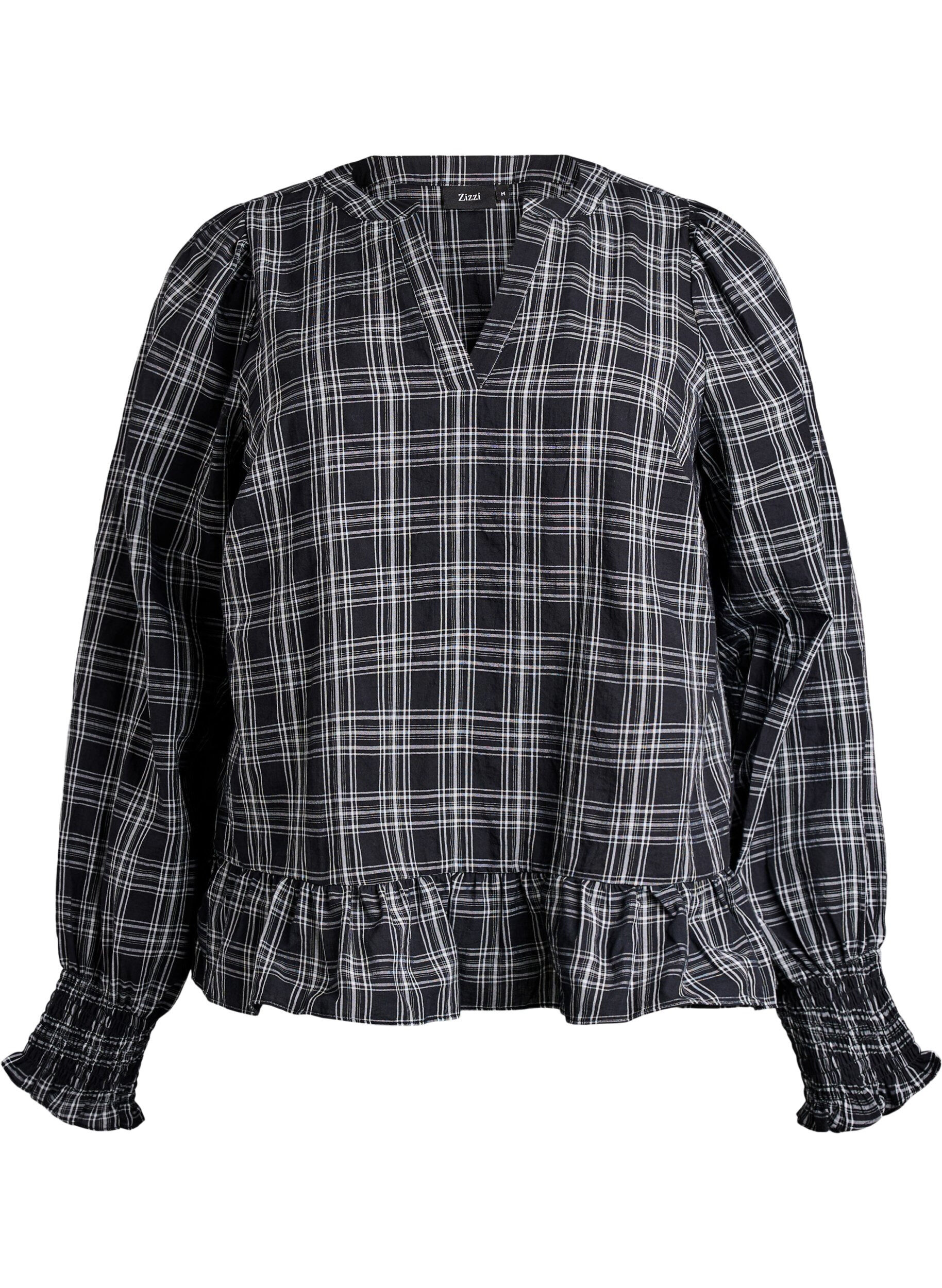Blouse with checks and ruffle details
