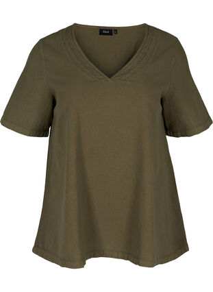 Short-sleeved blouse in cotton, Ivy Green, Packshot image number 0