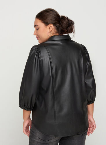 Synthetic leather shirt with 3/4-length puff sleeves, Black, Model image number 1
