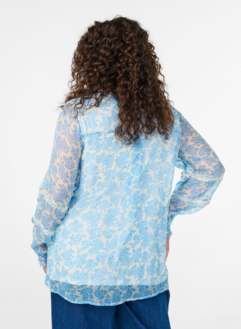 Chiffon blouse with floral print and crochet trim, Light Blue, Model image number 2