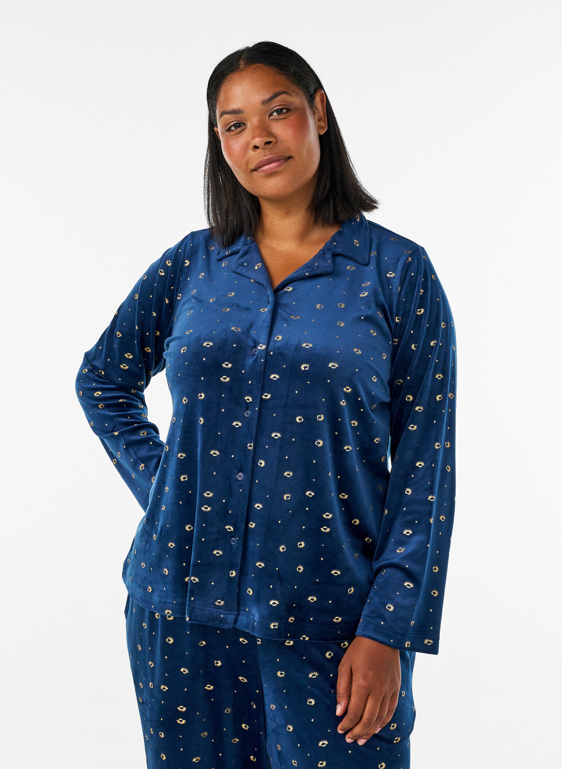 ZizzifashionVelour pyjama shirt with an all-over print, Blue, Model image number 0