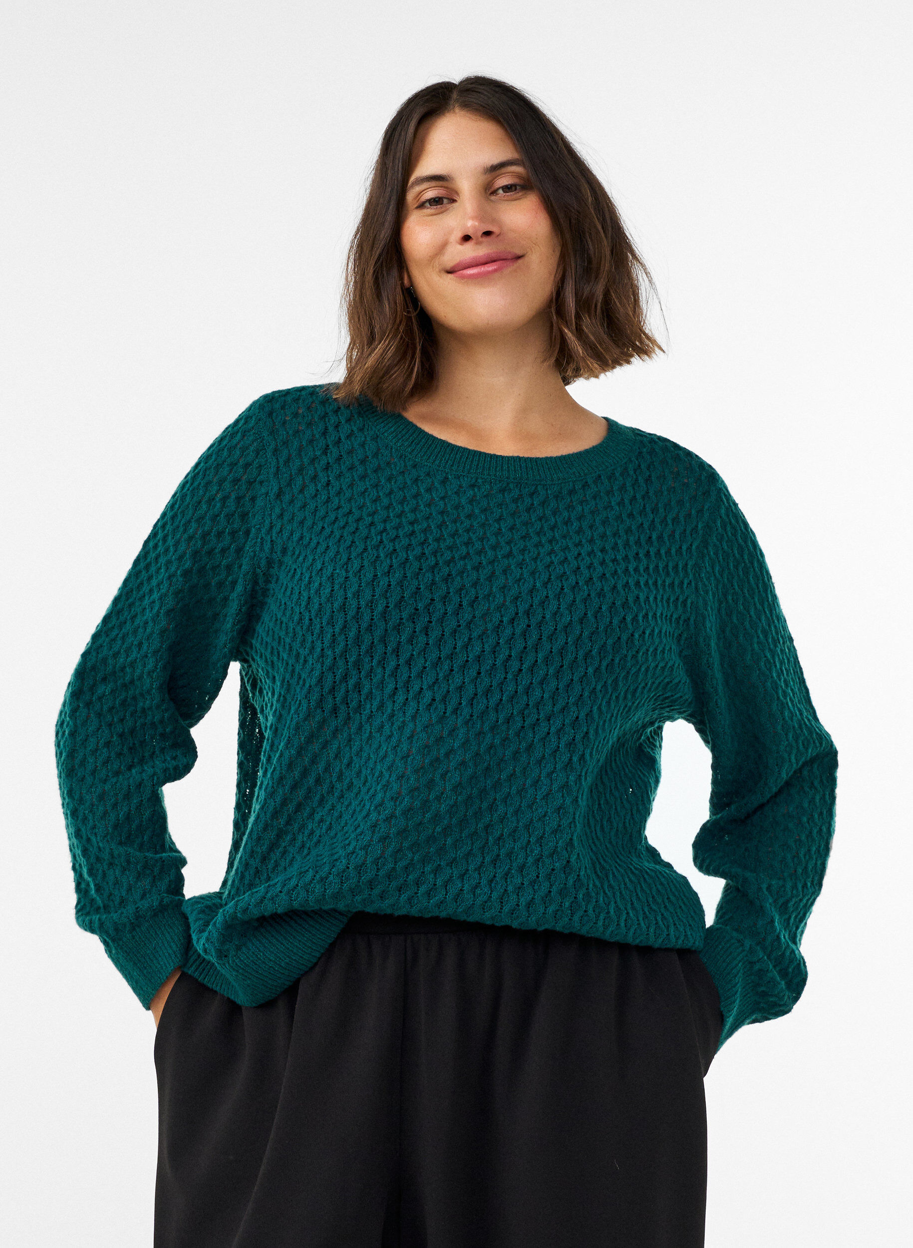 ZizzifashionKnitted blouse with a textured openwork pattern, Green, Model image number 0
