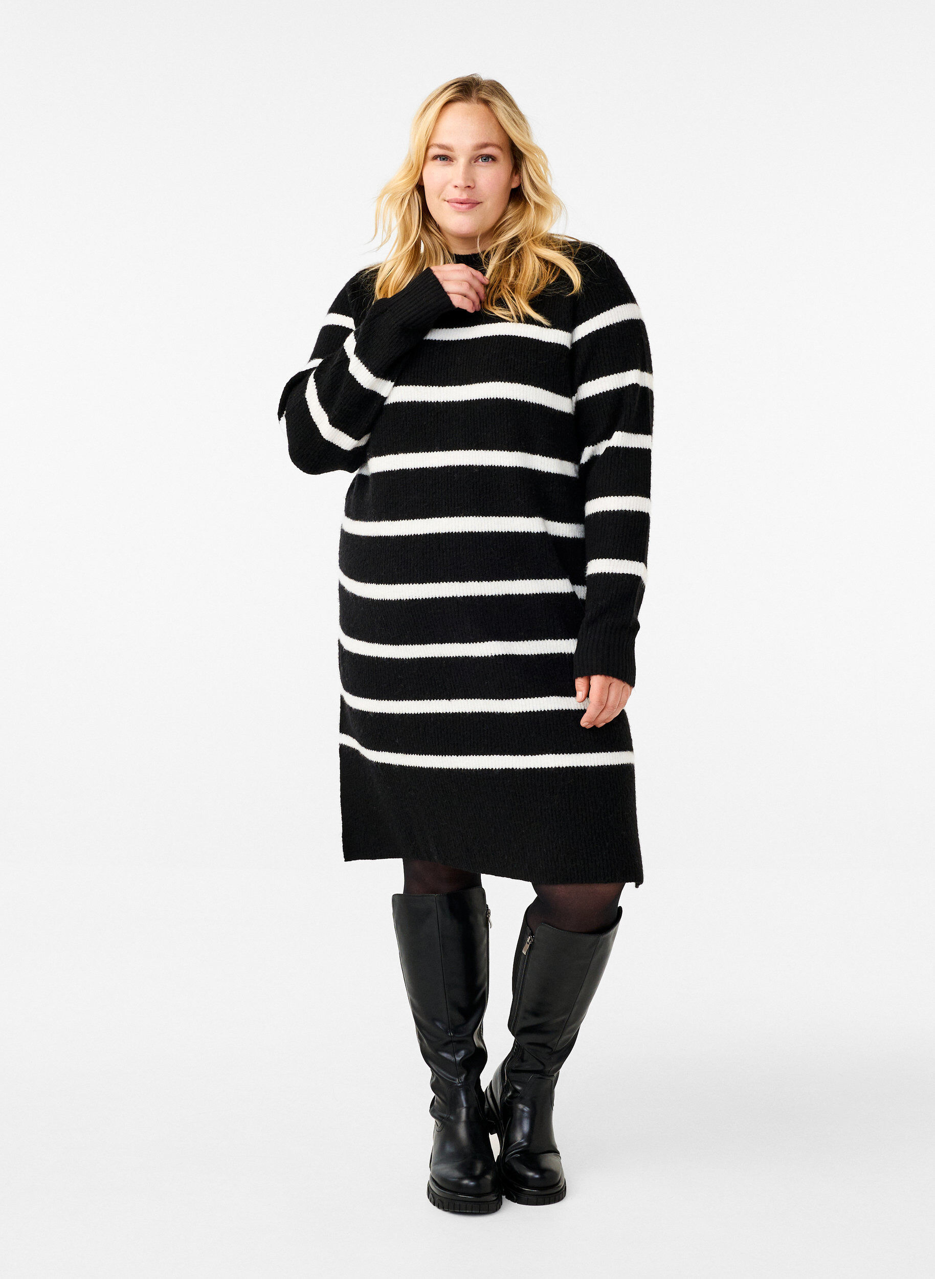 Zizzifashion Long-sleeved knitted dress with stripes, Black Cloud D. Comb, Model image number 2