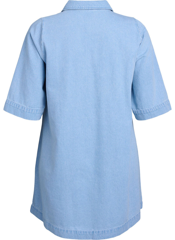Short denim dress with a collar and V-neck, Light Blue, Packshot image number 1