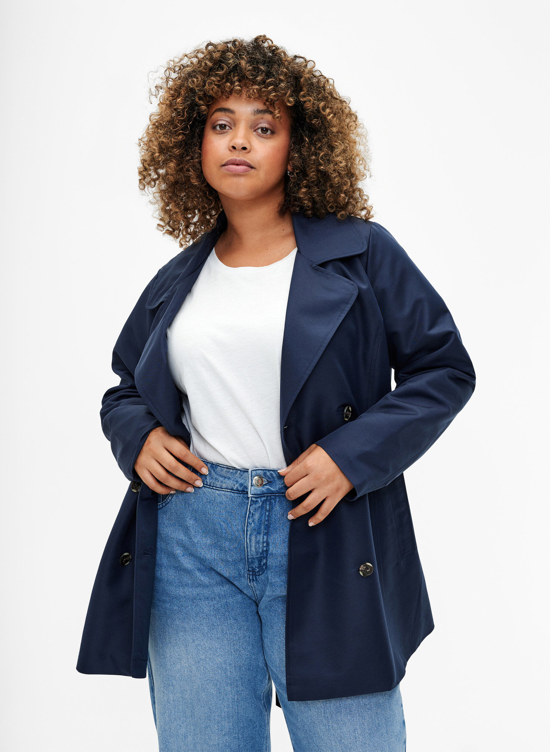 Short trench coat with belt, Blue, Model