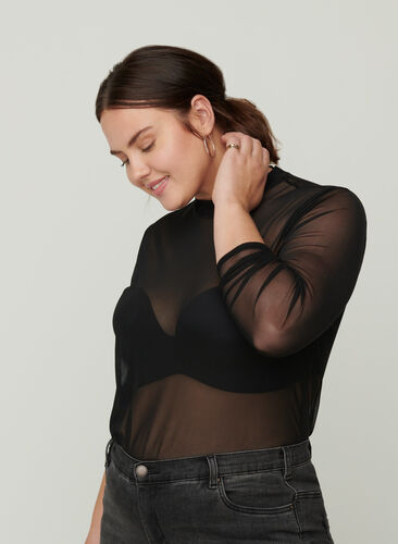 Close-fitting mesh blouse with a high neck, Black, Model image number 0
