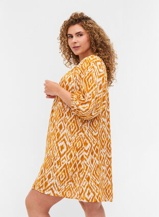 Printed viscose tunic with 3/4 sleeves, Golden Yellow AOP, Model image number 1