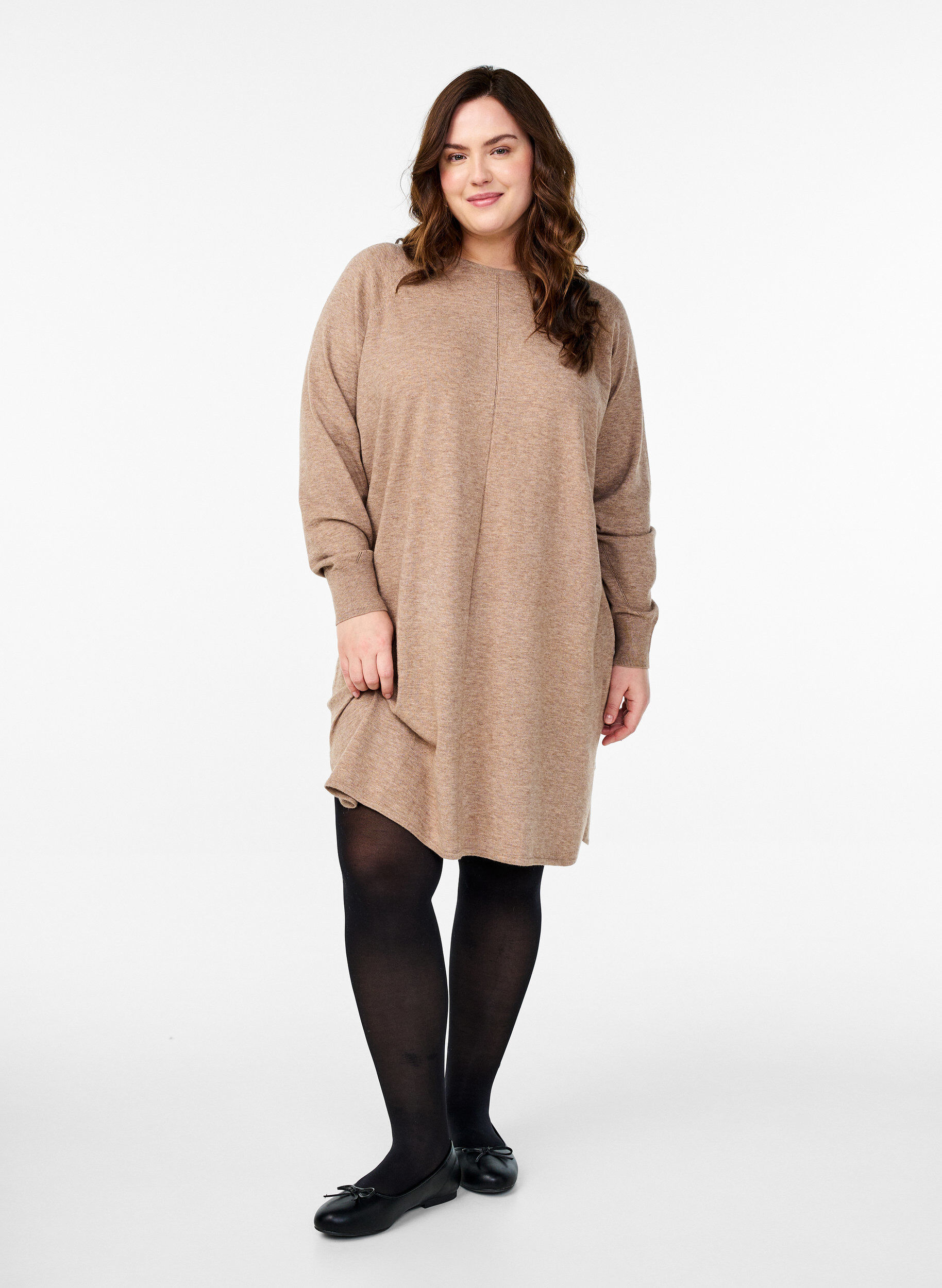 Zizzifashion Knitted dress with a round neck and knitted pattern, Fossil Mel., Model image number 1