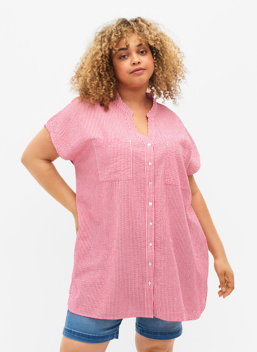 Short-sleeved cotton shirt with stripes, Beetroot P. Stripe, Model image number 0