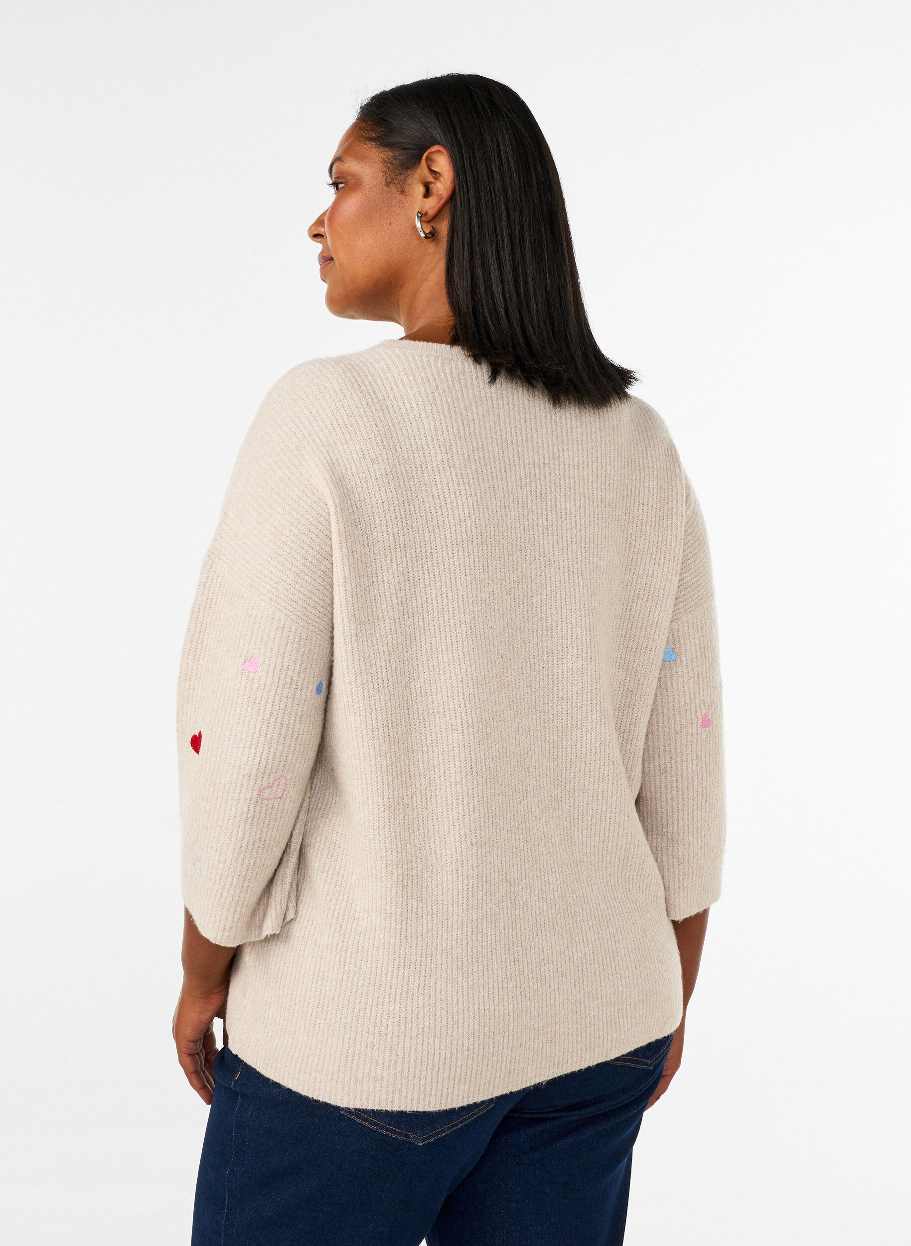 ZizzifashionKnitted blouse with hearts and 3/4 sleeves, Beige, Model image number 2