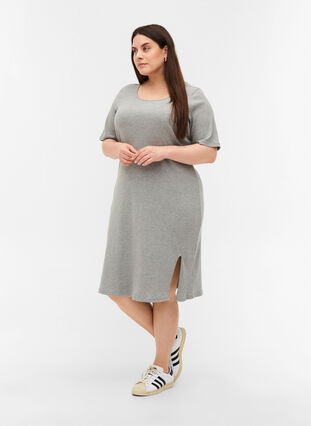 Short-sleeved dress in a ribbed fabric , Light Grey Melange, Model image number 2