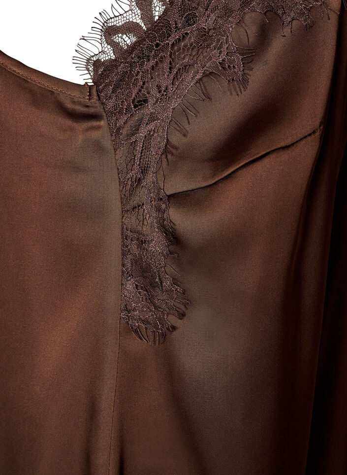 Satin dress with lace and an asymmetrical hem, Brown, Packshot image number 3