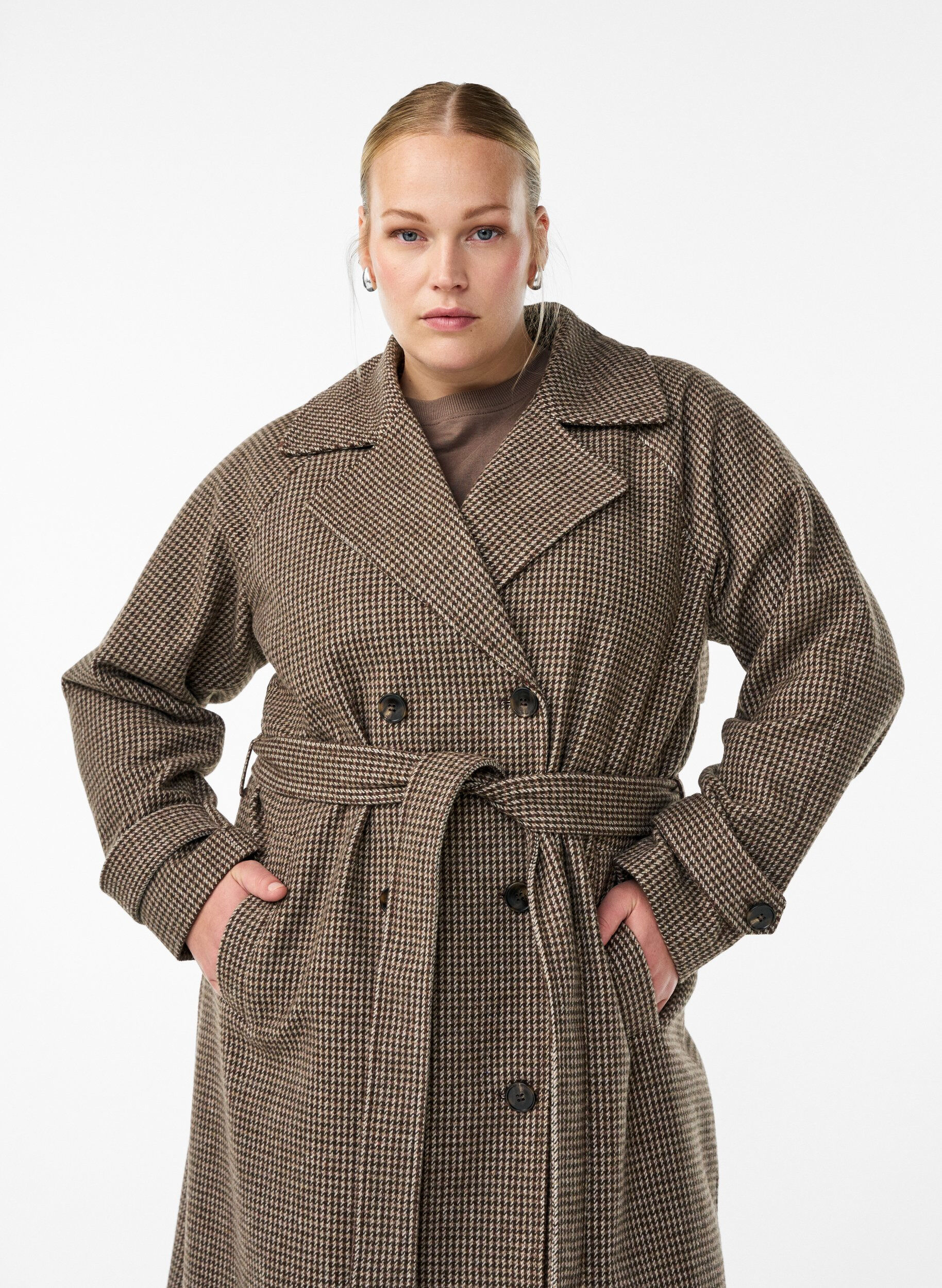 Zizzifashion Checked coat with belt, Brown, Model image number 3