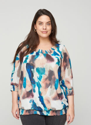 Printed blouse with 3/4 sleeves and smock detail, Reflecting Pond, Model image number 0
