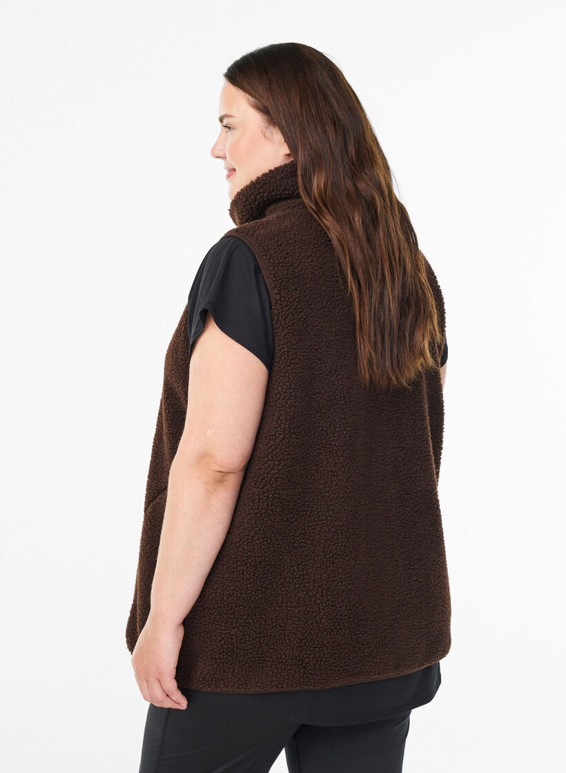 Teddy fleece gilet with zipper and pockets, Brown, Model image number 2