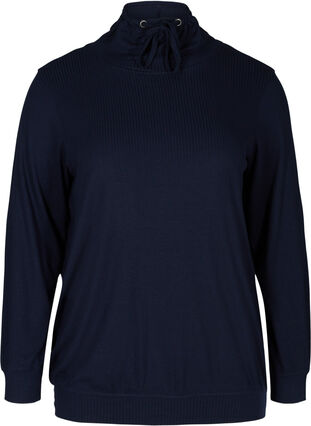 Long-sleeved blouse with a high neck and drawstring, Navy Blazer, Packshot image number 0