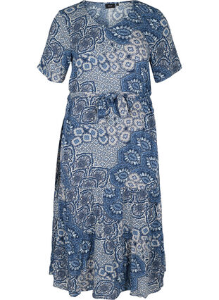Short-sleeved midi dress in viscose, Asian Blue Print, Packshot image number 0
