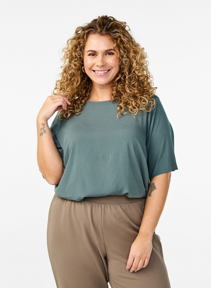 Short-sleeved woven blouse with round neck, Green, Model image number 0