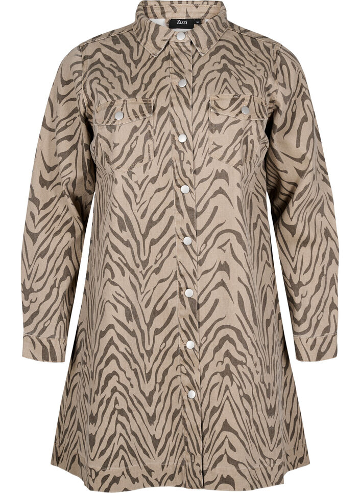 Long-sleeved denim dress with zebra print, Brown Zebra AOP, Packshot image number 0