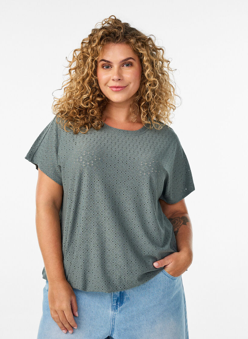 Blouse with eyelet embroidery and balloon-effect, Green, Model image number 0