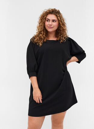 Solid-coloured tunic with 2/4 sleeves and pleated fold, Black, Model image number 0