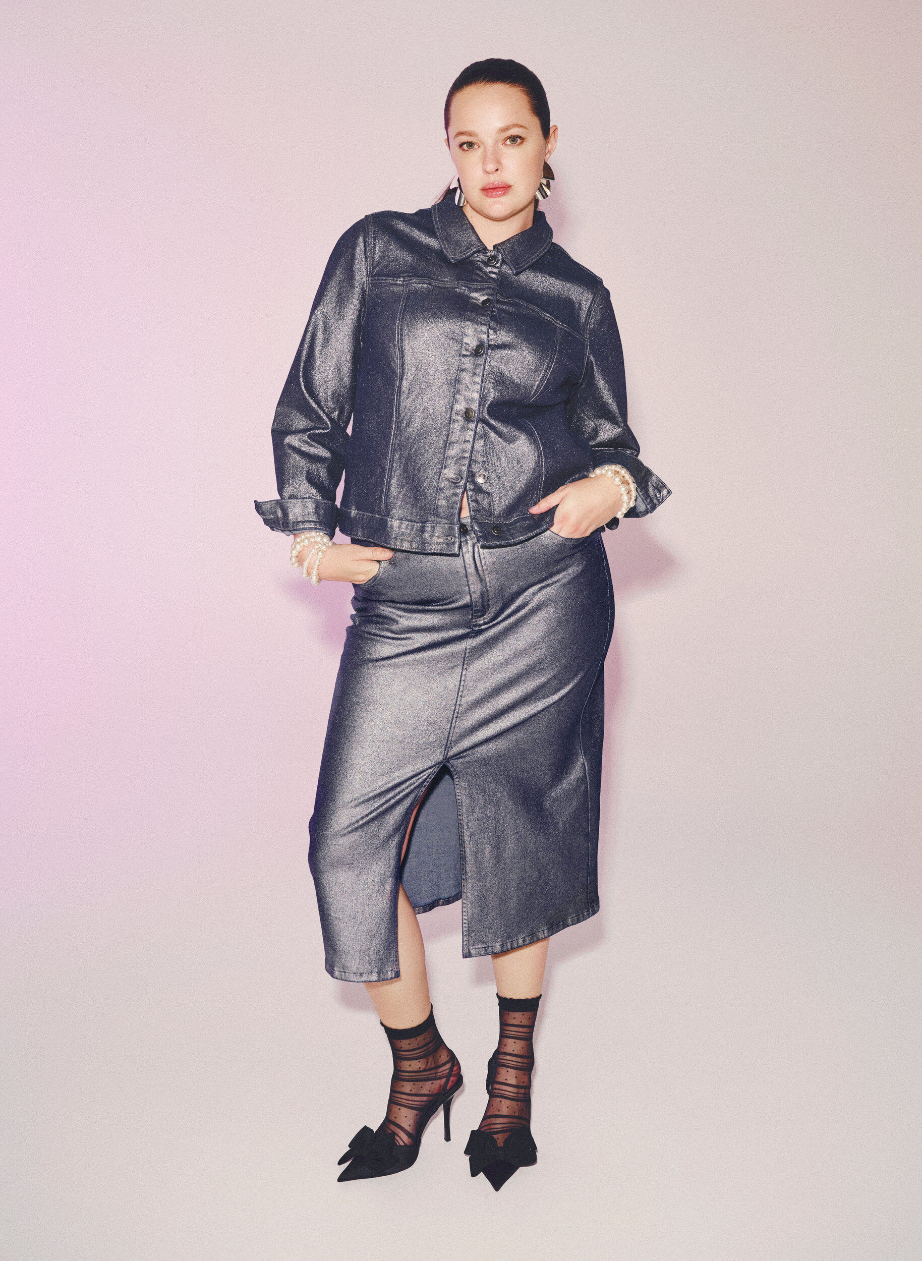 Zizzifashion Silver coated midi skirt, Gun Sliver, Image image number 0