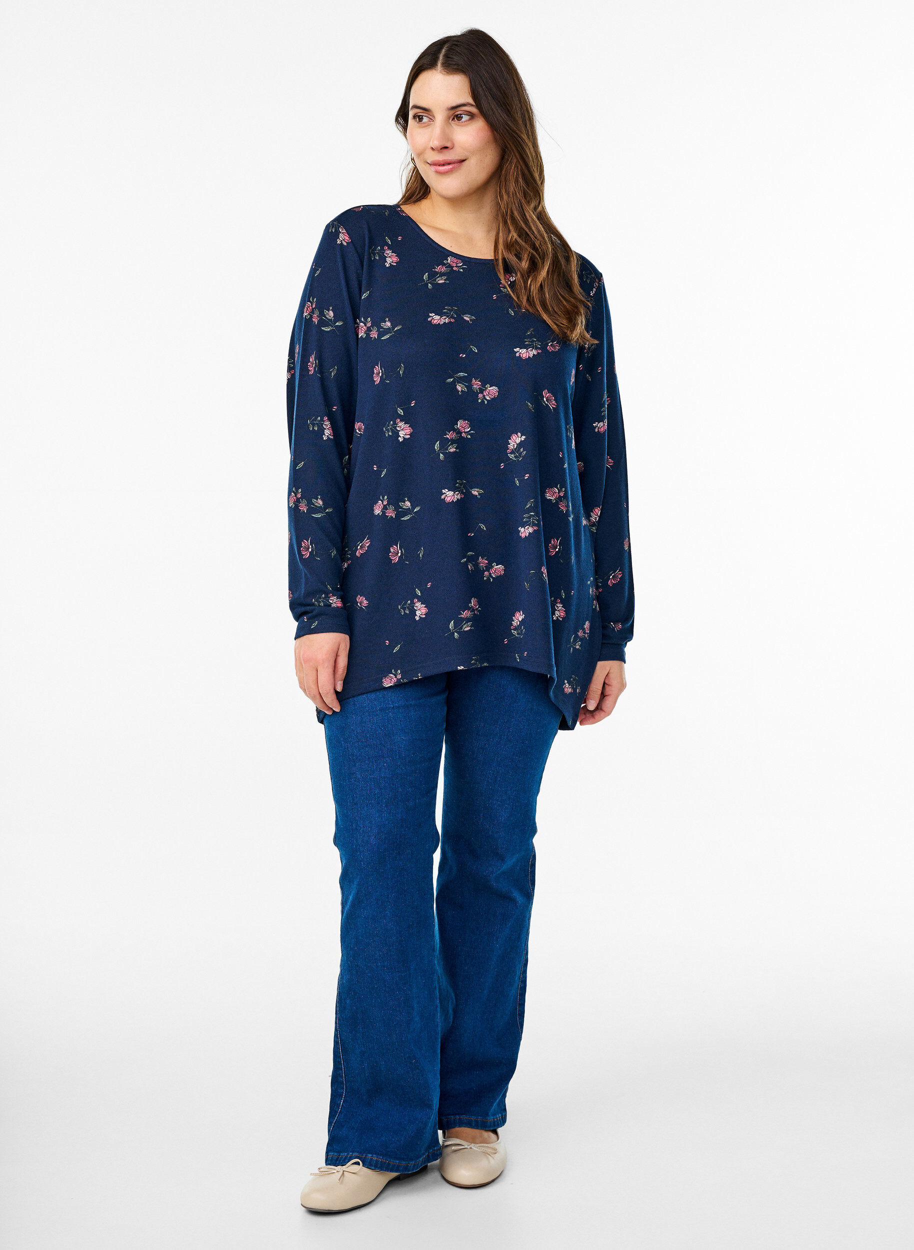 ZizzifashionFloral blouse with long sleeves, Blue, Model image number 1