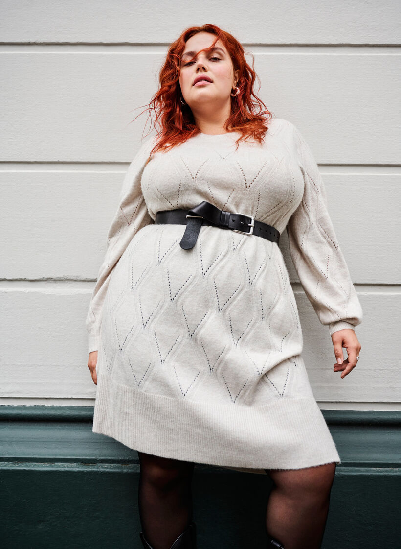 Long-sleeved knit dress with hole pattern, Birch Mel., Image image number 0