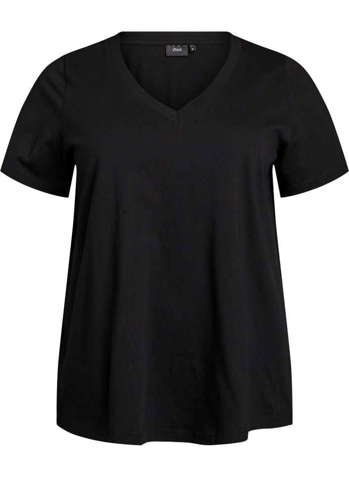 Basic cotton T-shirt with a V-neck, Black, Packshot image number 0