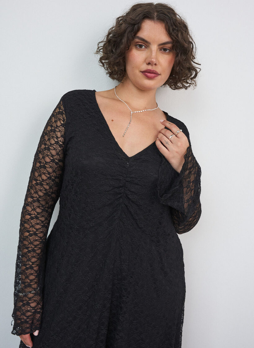 Lace dress with trumpet sleeves and an A-line shape, Black, Model image number 2