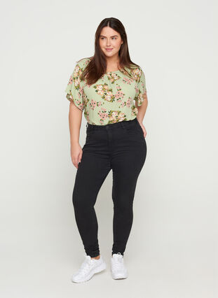 Short-sleeved viscose blouse with floral print, Light Green April, Model image number 2