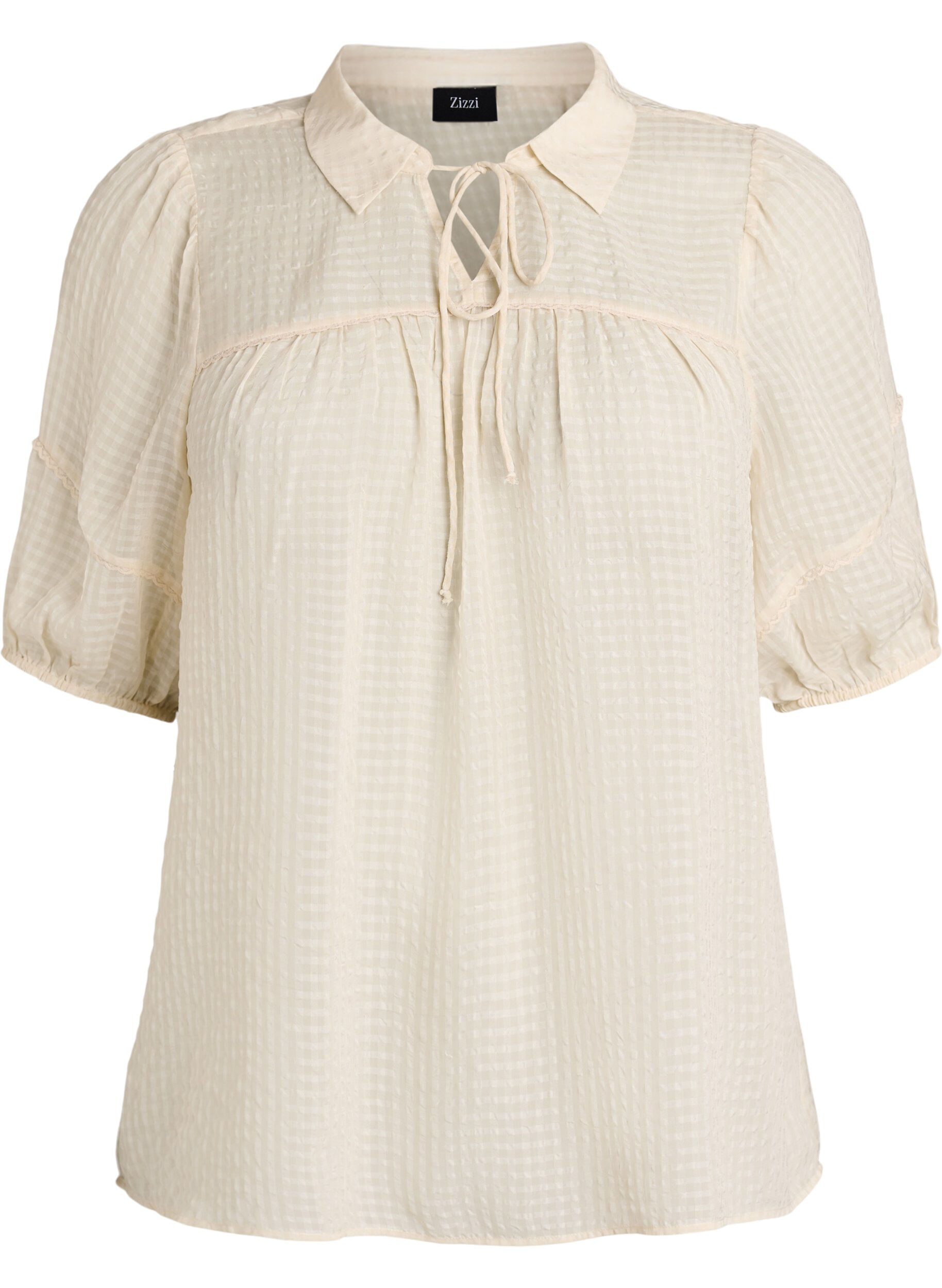 ZizzifashionBlouse in seersucker with tie-string, Beige, Packshot image number 0